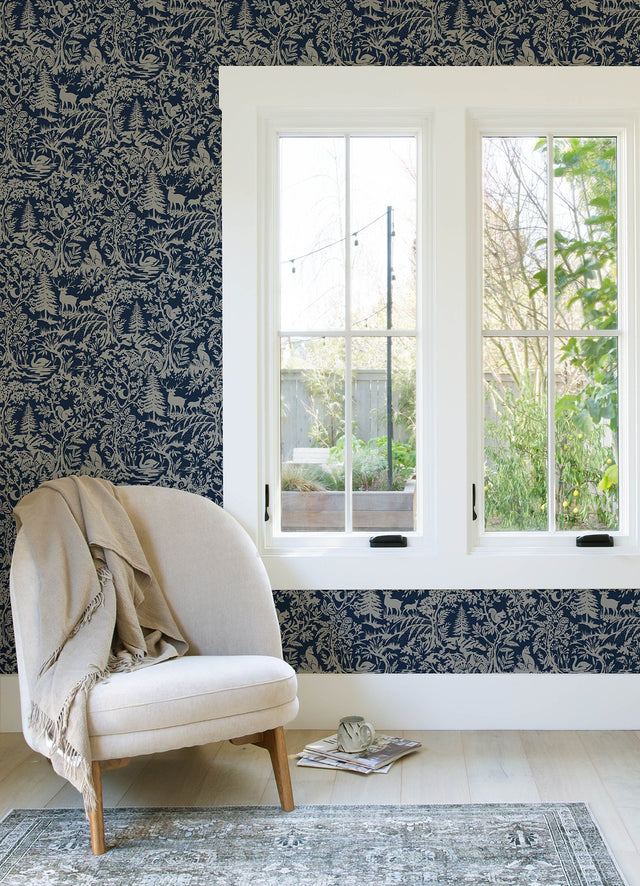 Alrick Navy Forest Venture Wallpaper with Farmhouse Animals Woodland Motif - Brewster 3125-72324