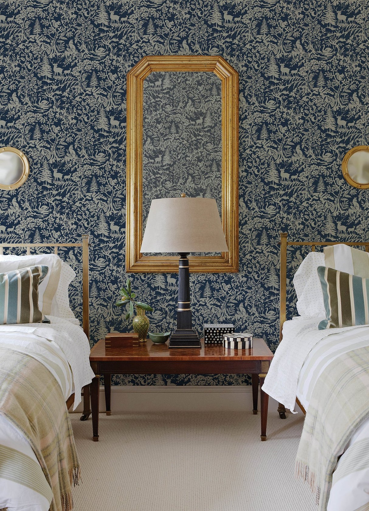 Alrick Navy Forest Venture Wallpaper with Farmhouse Animals Woodland Motif - Brewster 3125-72324