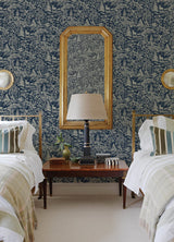 Alrick Navy Forest Venture Wallpaper with Farmhouse Animals Woodland Motif - Brewster 3125-72324