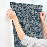 Alrick Navy Forest Venture Wallpaper with Farmhouse Animals Woodland Motif - Brewster 3125-72324