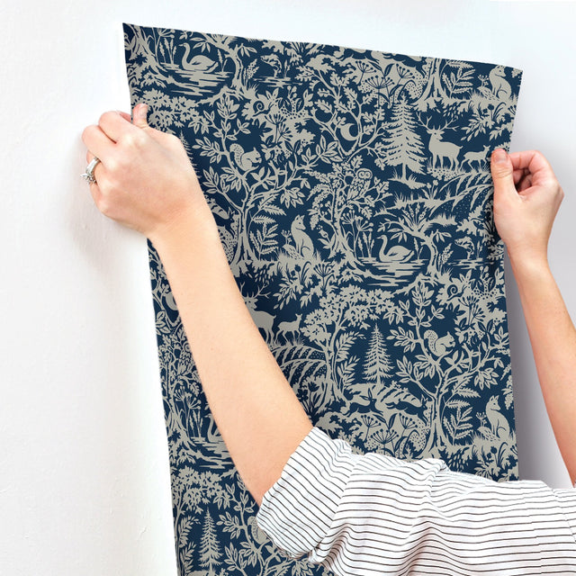 Alrick Navy Forest Venture Wallpaper with Farmhouse Animals Woodland Motif - Brewster 3125-72324