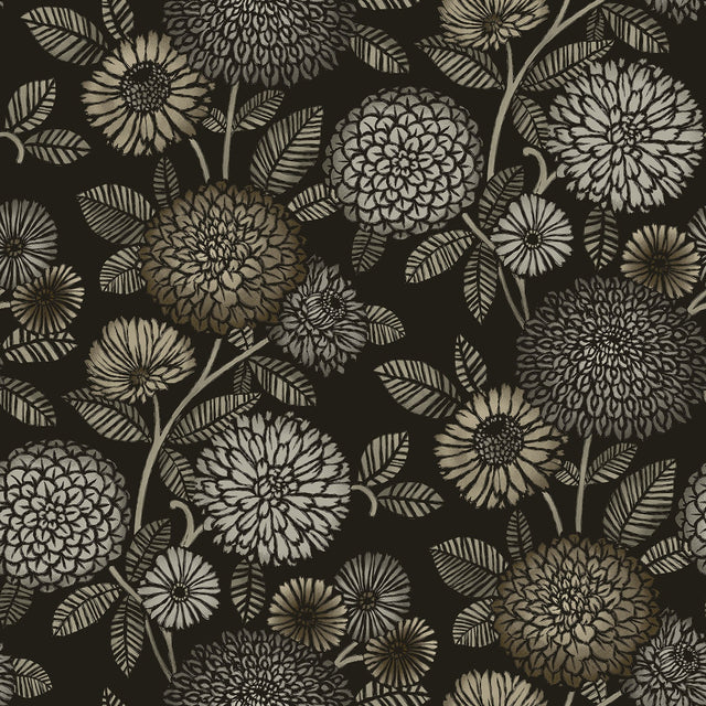 Zalipie Black Floral Trail Wallpaper with Botanical Flower Motif - Chesapeake 3125-72327
