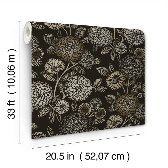 Zalipie Black Floral Trail Wallpaper with Botanical Flower Motif - Chesapeake 3125-72327