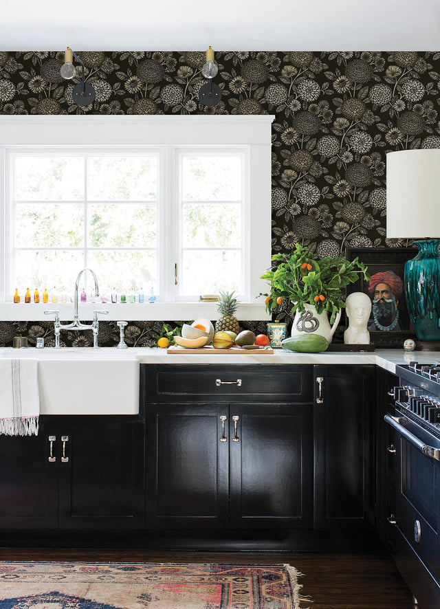 Zalipie Black Floral Trail Wallpaper with Botanical Flower Motif - Chesapeake 3125-72327