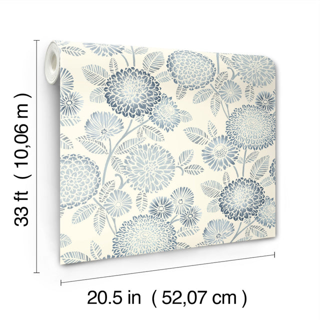 Zalipie Blue Floral Trail Wallpaper with Botanical Flower Pattern, Bohemian Sure Strip - Chesapeake 3125-72328