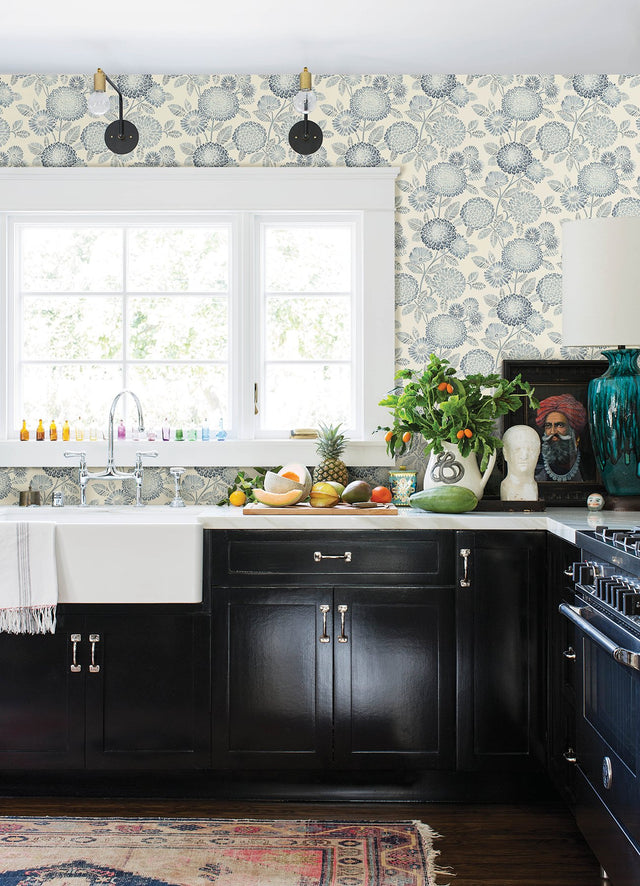Zalipie Blue Floral Trail Wallpaper with Botanical Flower Pattern, Bohemian Sure Strip - Chesapeake 3125-72328