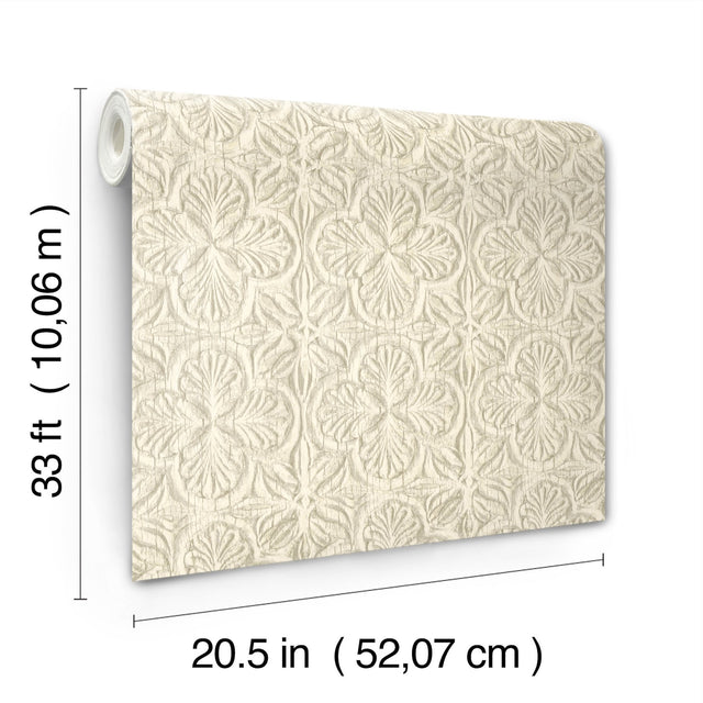 Karachi Cream Wooden Damask Wallpaper with Raised Textured Damask Pattern, Farmhouse Sure Strip - Chesapeake 3125-72333