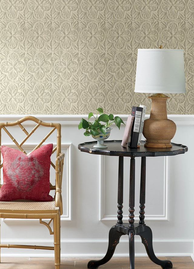 Karachi Cream Wooden Damask Wallpaper with Raised Textured Damask Pattern, Farmhouse Sure Strip - Chesapeake 3125-72333
