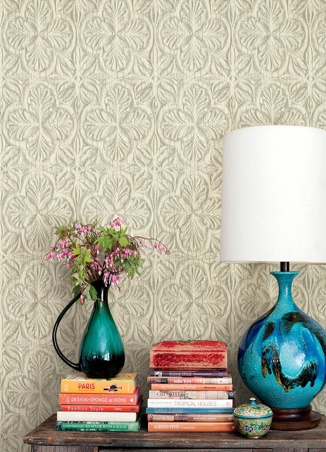 Karachi Cream Wooden Damask Wallpaper with Raised Textured Damask Pattern, Farmhouse Sure Strip - Chesapeake 3125-72333