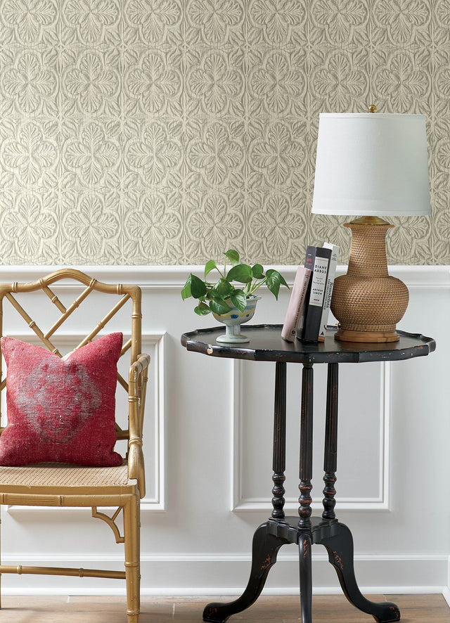 Karachi White Wooden Damask Wallpaper with Raised Ink Textured Finish - Chesapeake 3125-72334
