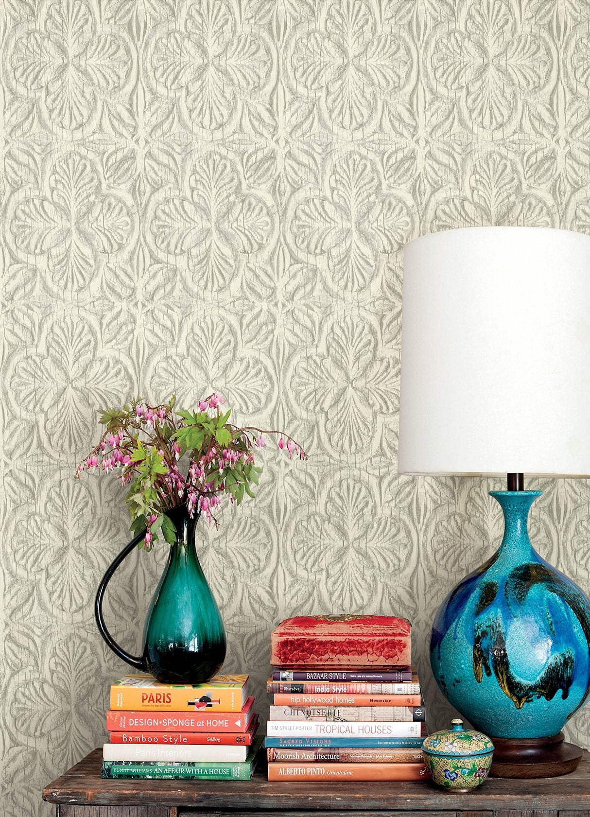Karachi White Wooden Damask Wallpaper with Raised Ink Textured Finish - Chesapeake 3125-72334