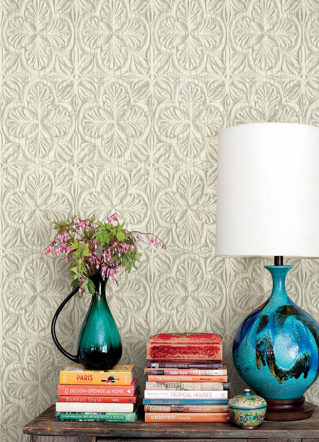 Karachi White Wooden Damask Wallpaper with Raised Ink Textured Finish - Chesapeake 3125-72334