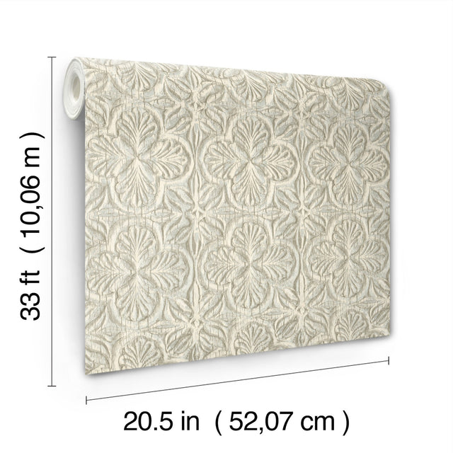 Karachi Aqua Wooden Damask Wallpaper with Farmhouse Graphic Damask Pattern - Chesapeake 3125-72335