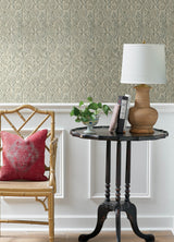 Karachi Aqua Wooden Damask Wallpaper with Farmhouse Graphic Damask Pattern - Chesapeake 3125-72335