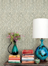 Karachi Aqua Wooden Damask Wallpaper with Farmhouse Graphic Damask Pattern - Chesapeake 3125-72335