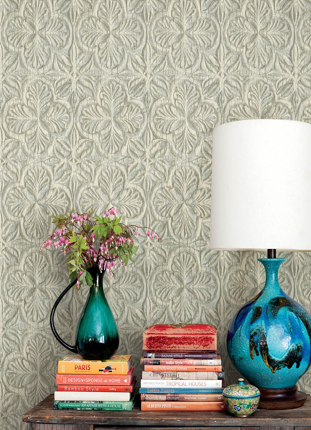 Karachi Aqua Wooden Damask Wallpaper with Farmhouse Graphic Damask Pattern - Chesapeake 3125-72335