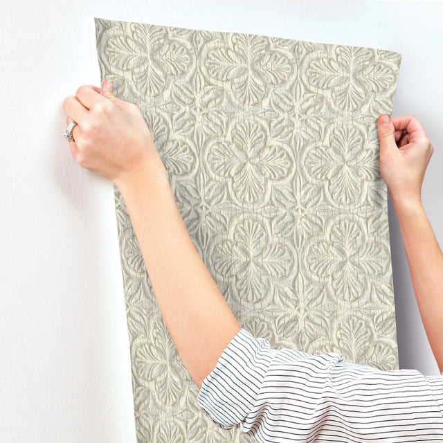 Karachi Aqua Wooden Damask Wallpaper with Farmhouse Graphic Damask Pattern - Chesapeake 3125-72335