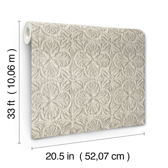 Karachi Taupe Wooden Damask Wallpaper with Farmhouse Wooden Damask Pattern - Chesapeake 3125-72336