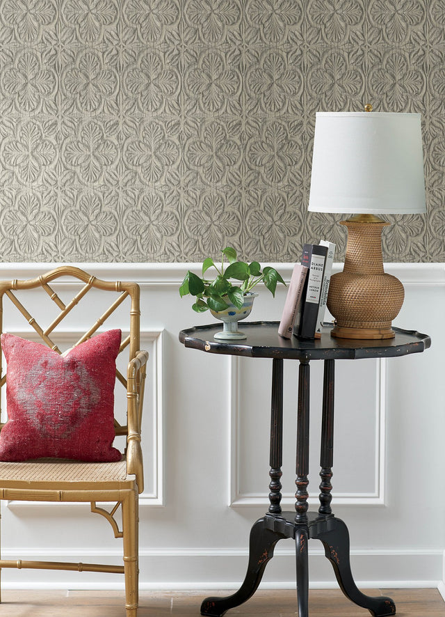 Karachi Taupe Wooden Damask Wallpaper with Farmhouse Wooden Damask Pattern - Chesapeake 3125-72336