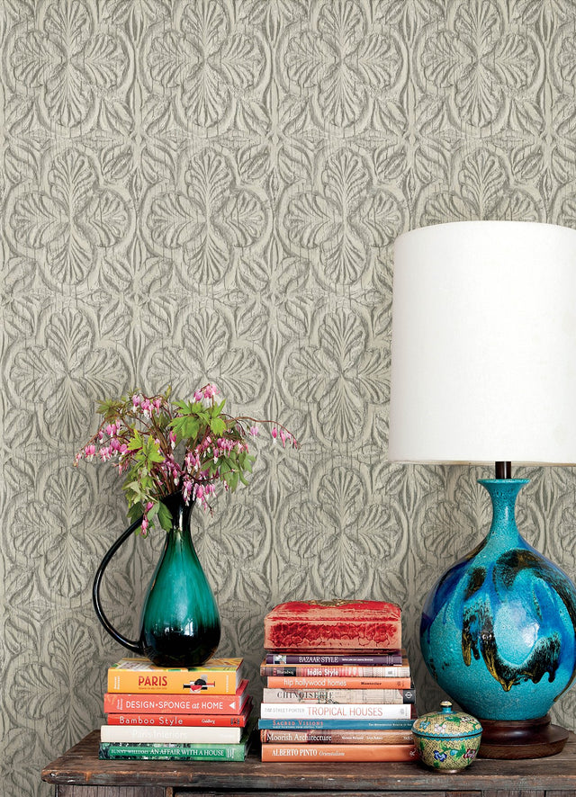 Karachi Taupe Wooden Damask Wallpaper with Farmhouse Wooden Damask Pattern - Chesapeake 3125-72336