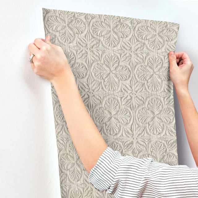 Karachi Taupe Wooden Damask Wallpaper with Farmhouse Wooden Damask Pattern - Chesapeake 3125-72336