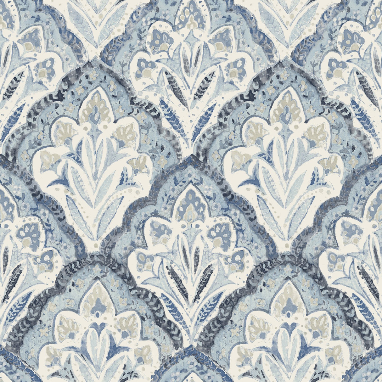 Mimir Blue Quilted Damask Wallpaper with Botanical Damask Motif - Chesapeake 3125-72337