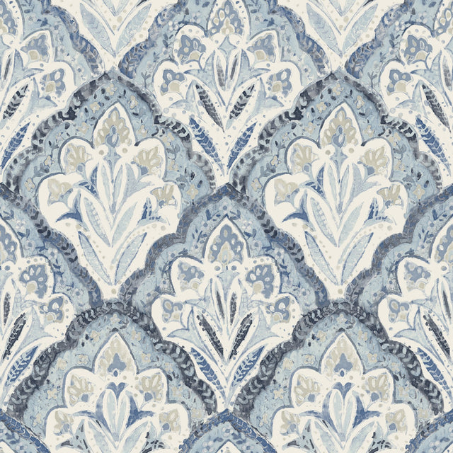 Mimir Blue Quilted Damask Wallpaper with Botanical Damask Motif - Chesapeake 3125-72337
