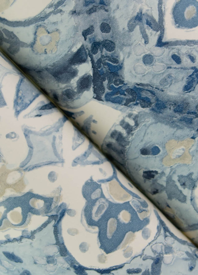Mimir Blue Quilted Damask Wallpaper with Botanical Damask Motif - Chesapeake 3125-72337