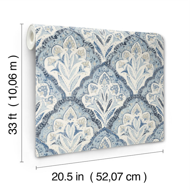 Mimir Blue Quilted Damask Wallpaper with Botanical Damask Motif - Chesapeake 3125-72337