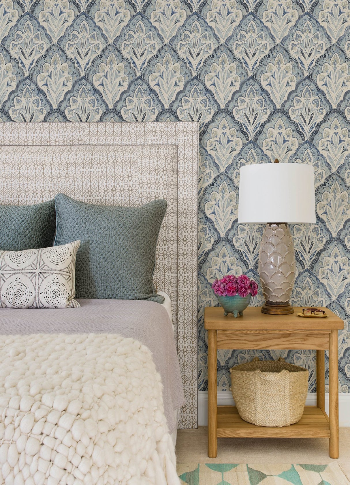 Mimir Blue Quilted Damask Wallpaper with Botanical Damask Motif - Chesapeake 3125-72337