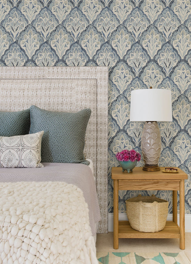 Mimir Blue Quilted Damask Wallpaper with Botanical Damask Motif - Chesapeake 3125-72337