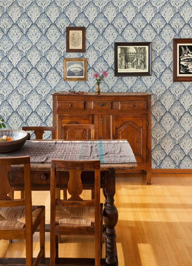 Mimir Blue Quilted Damask Wallpaper with Botanical Damask Motif - Chesapeake 3125-72337