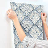 Mimir Blue Quilted Damask Wallpaper with Botanical Damask Motif - Chesapeake 3125-72337