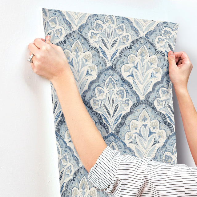 Mimir Blue Quilted Damask Wallpaper with Botanical Damask Motif - Chesapeake 3125-72337