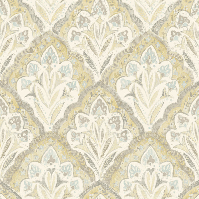 Mimir Mustard Quilted Damask Wallpaper with Farmhouse Botanical Motif - Chesapeake 3125-72338