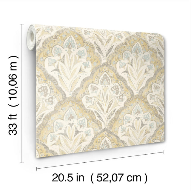 Mimir Mustard Quilted Damask Wallpaper with Farmhouse Botanical Motif - Chesapeake 3125-72338