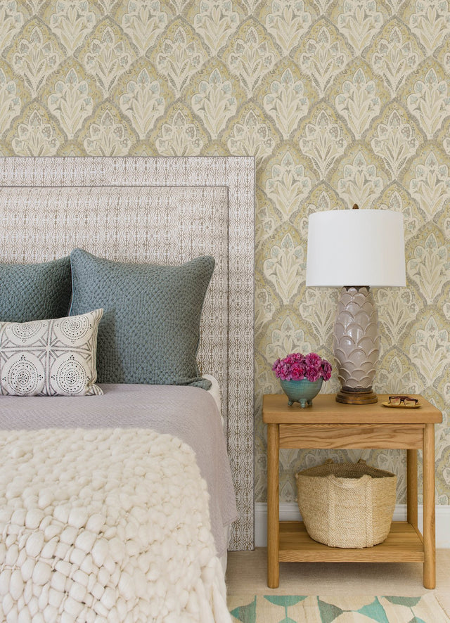 Mimir Mustard Quilted Damask Wallpaper with Farmhouse Botanical Motif - Chesapeake 3125-72338