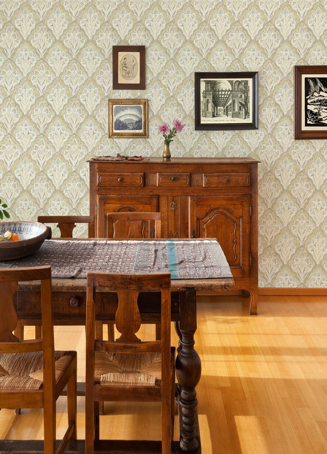 Mimir Mustard Quilted Damask Wallpaper with Farmhouse Botanical Motif - Chesapeake 3125-72338