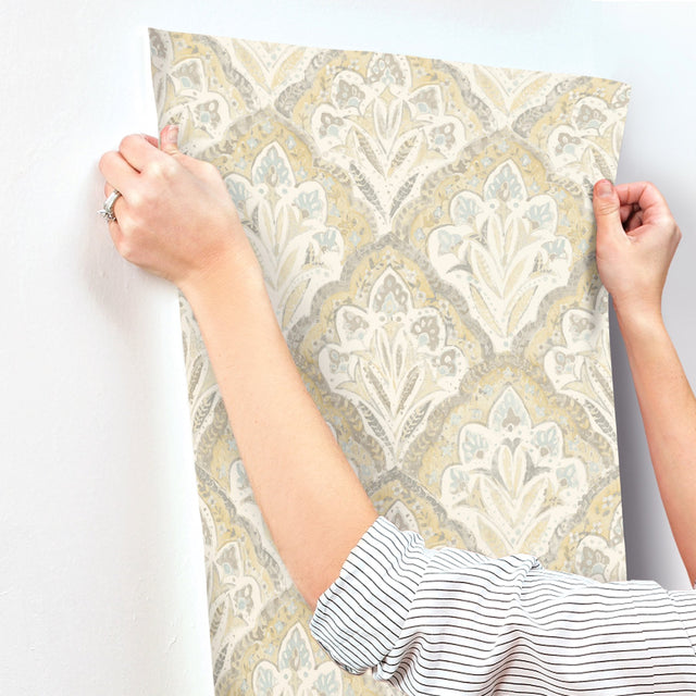 Mimir Mustard Quilted Damask Wallpaper with Farmhouse Botanical Motif - Chesapeake 3125-72338