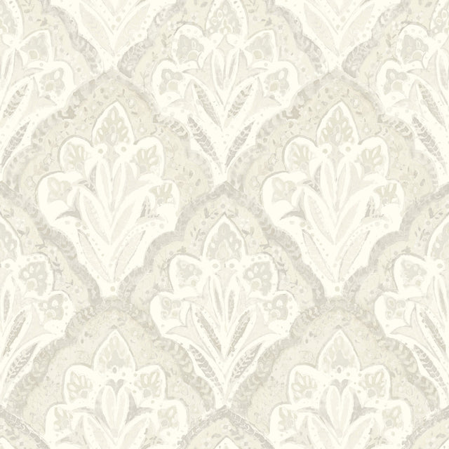 Mimir Dove Quilted Damask Wallpaper with Quilted Damask Botanical Motif - Chesapeake 3125-72339