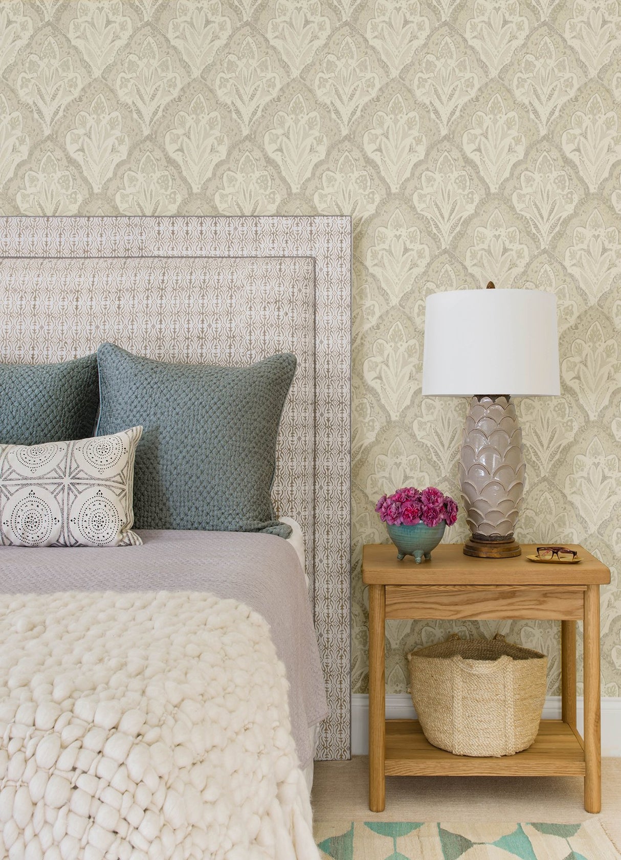 Mimir Dove Quilted Damask Wallpaper with Quilted Damask Botanical Motif - Chesapeake 3125-72339