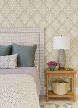 Mimir Dove Quilted Damask Wallpaper with Quilted Damask Botanical Motif - Chesapeake 3125-72339