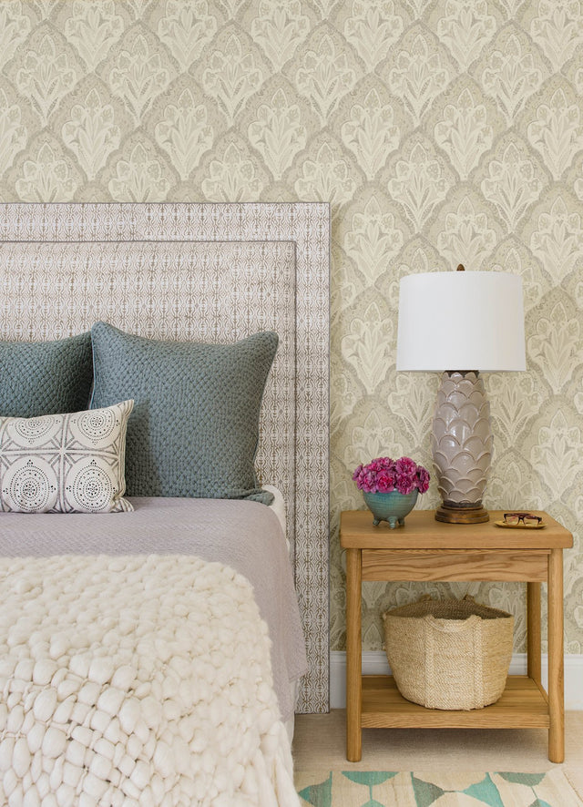 Mimir Dove Quilted Damask Wallpaper with Quilted Damask Botanical Motif - Chesapeake 3125-72339