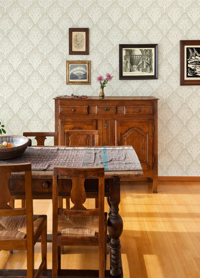 Mimir Dove Quilted Damask Wallpaper with Quilted Damask Botanical Motif - Chesapeake 3125-72339