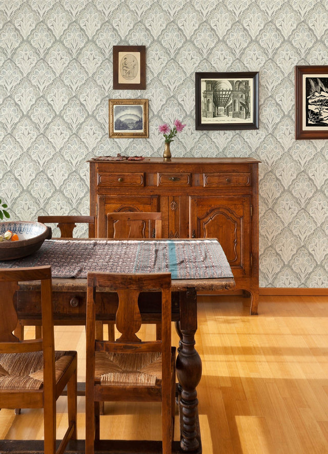 Mimir Grey Quilted Damask Wallpaper with Farmhouse Botanical Damask Pattern - Chesapeake 3125-72340