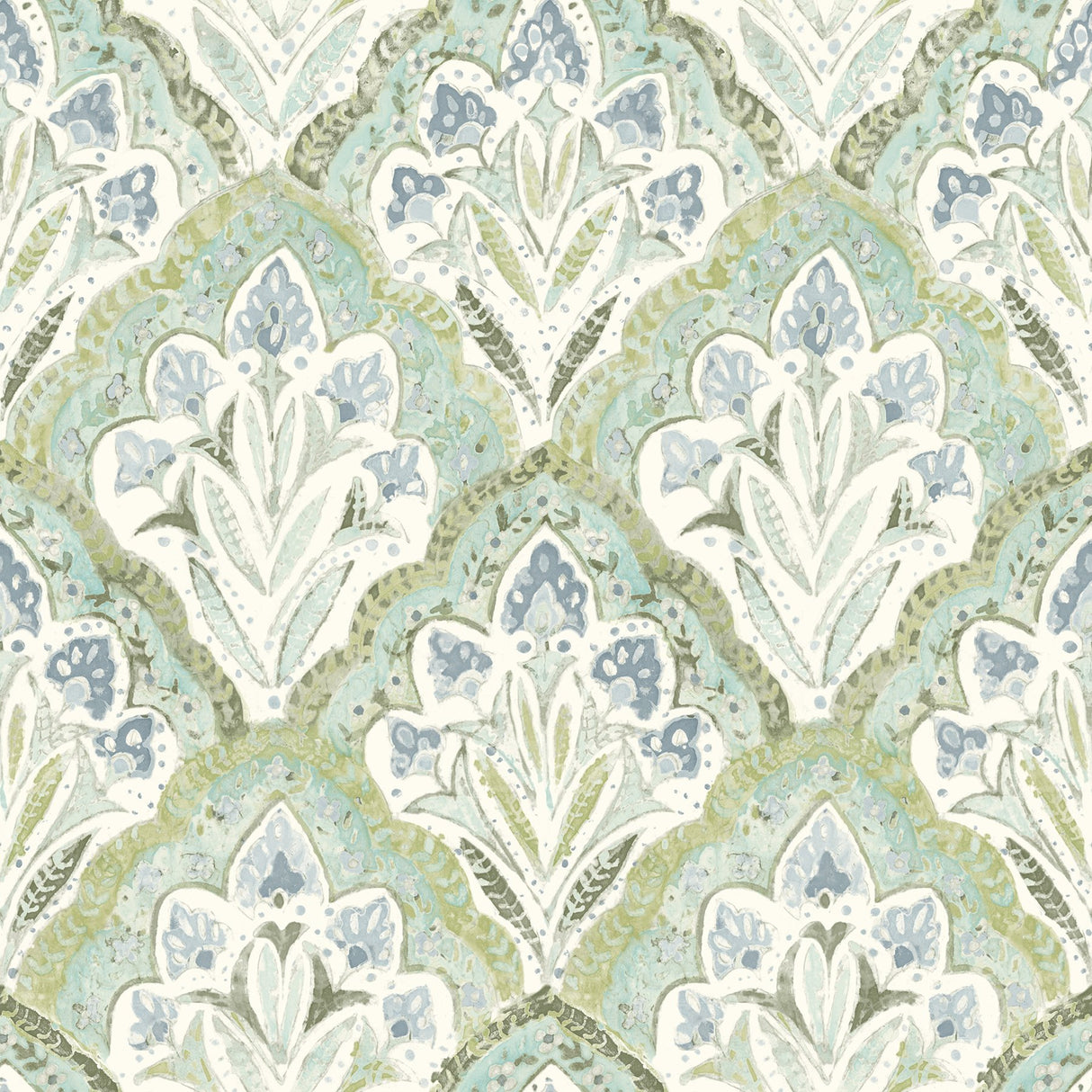 Mimir Aquamarine Quilted Damask Wallpaper with Botanical Farmhouse Style - Chesapeake 3125-72341