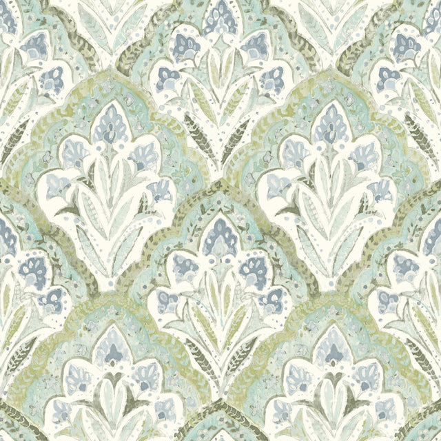 Mimir Aquamarine Quilted Damask Wallpaper with Botanical Farmhouse Style - Chesapeake 3125-72341