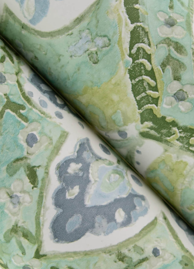 Mimir Aquamarine Quilted Damask Wallpaper with Botanical Farmhouse Style - Chesapeake 3125-72341