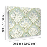 Mimir Aquamarine Quilted Damask Wallpaper with Botanical Farmhouse Style - Chesapeake 3125-72341