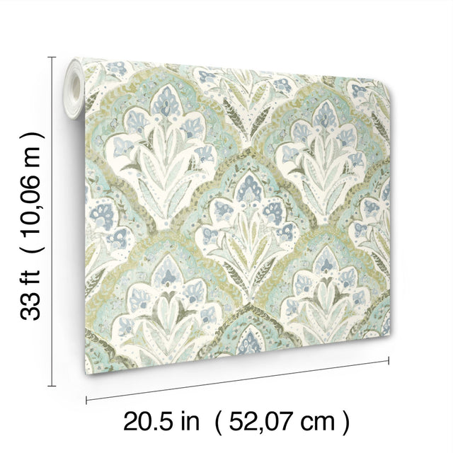 Mimir Aquamarine Quilted Damask Wallpaper with Botanical Farmhouse Style - Chesapeake 3125-72341